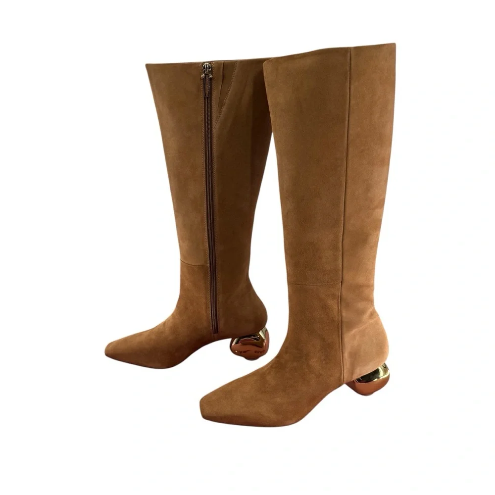 Cult Gaia NEW Zuri Knee High Boot in Camel Brown Gold Sculptural Heel Size 9 - Picture 7 of 14